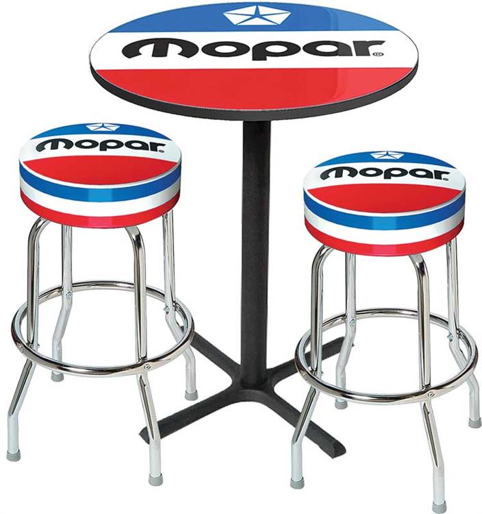 1972-84 Mopar Logo Pub Table & Stool Set - Black Based Table With Chrome Stools (3-Pc)