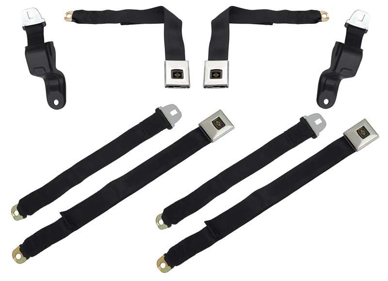 1967 Camaro/Firebird	 Retractable Seat Belt Set	 Deluxe Interior	 Gold Starburst Button	 Black Belts	 4-Piece Set