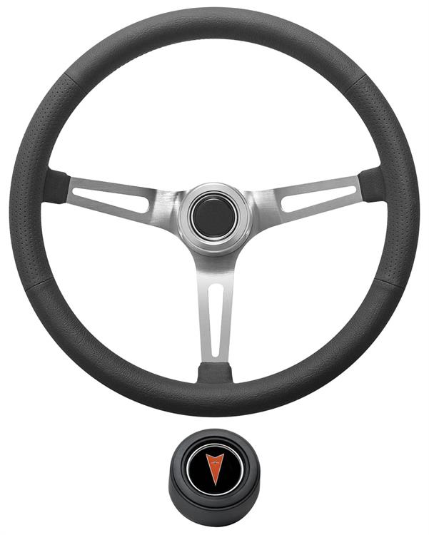 Steering Wheel Kit, 1969-77 Pontiac, Retro w/Slots, Pontiac Crest, Black,Hi-Rise