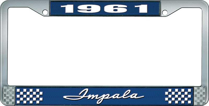 nummerplåtshållare, 1961 IMPALA  blå/krom, med vit text