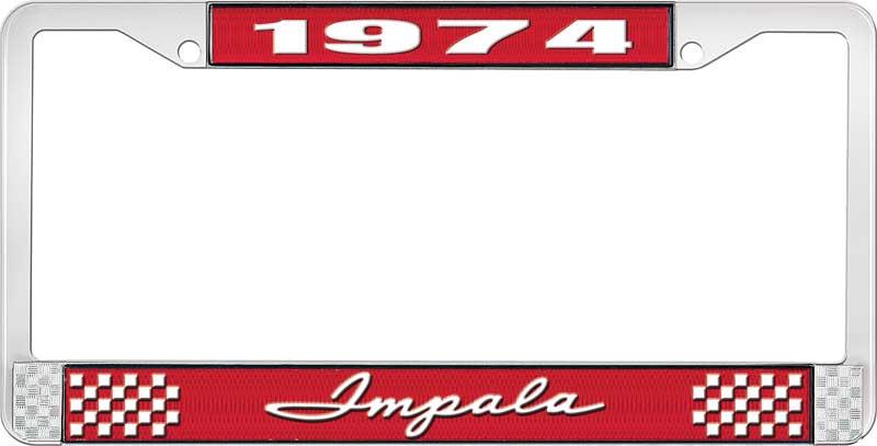 1974 IMPALA RED AND CHROME LICENSE PLATE FRAME WITH WHITE LETTERING