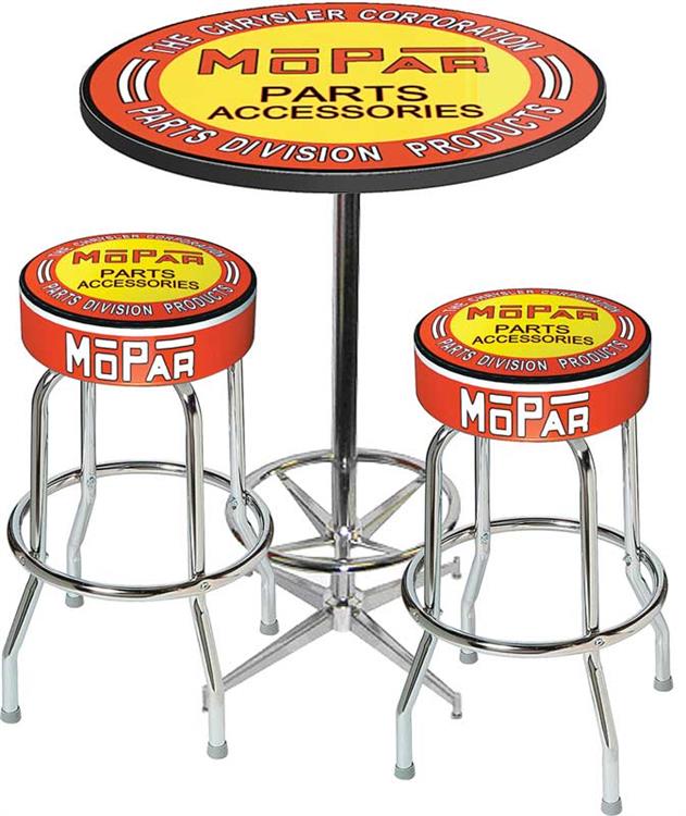 48-53 Mopar Orange/Yellow Logo Table & Stool Set - Chrome Based Table W/ Foot Rest & 2 Chrome Stools