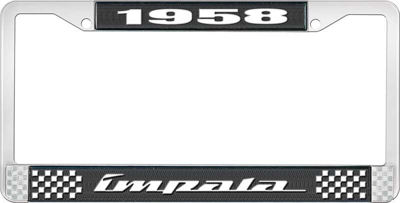 1958 IMPALA BLACK AND CHROME LICENSE PLATE FRAME WITH WHITE LETTERING