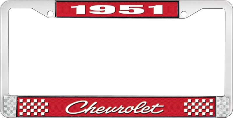 1951 CHEVROLET RED AND CHROME LICENSE PLATE FRAME WITH WHITE LETTERING