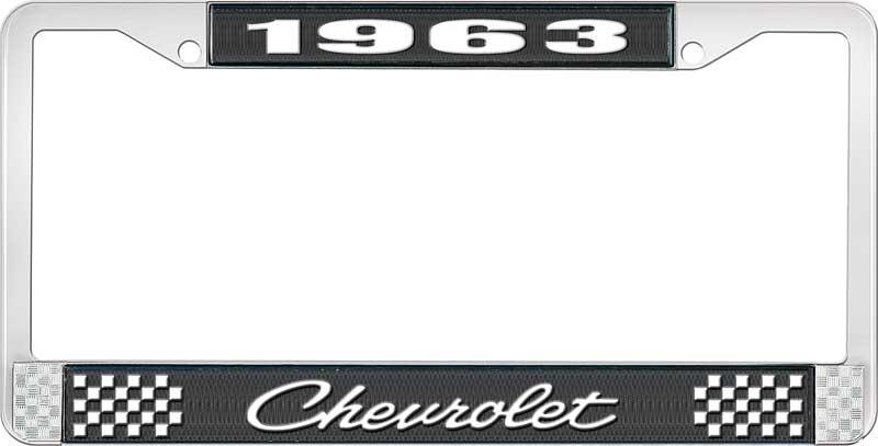 1963 CHEVROLET BLACK AND CHROME LICENSE PLATE FRAME WITH WHITE LETTERING