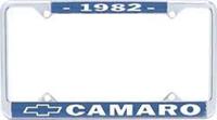 License Plate Frame, Steel, Chrome/Blue, 1982 Camaro Logo, Each