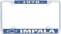 License Plate Frame, Steel, Chrome/Blue, 1978 Impala Logo, Each