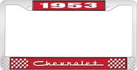 1953 CHEVROLET RED AND CHROME LICENSE PLATE FRAME WITH WHITE LETTERING