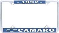 License Plate Frame, Steel, Chrome/Blue, 1992 Camaro Logo, Each