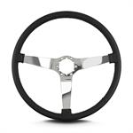 Steering Wheel, Vette 3, Black Leather Grip, Stainless steel, Polished, 3-Spoke, 15 in. Diameter, 6-Bolt Mount, Each