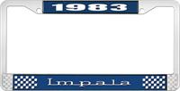 1983 IMPALA  BLUE AND CHROME LICENSE PLATE FRAME WITH WHITE LETTERING