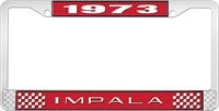 1973 IMPALA RED AND CHROME LICENSE PLATE FRAME WITH WHITE LETTERING