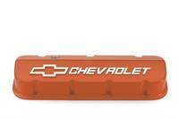 Valve Covers, Tall, Cast Aluminum, Orange Powdercoated, Chevrolet Logo