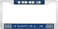 1983 IMPALA  BLUE AND CHROME LICENSE PLATE FRAME WITH WHITE LETTERING