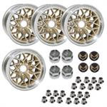 15 X 8 cast aluminum gold Snowflake wheel with 4-1/2" Backspacing or Zero Offset. Set of 4 with lug nuts & center caps with gold bird inserts. 71 mm center bore.