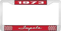 1973 IMPALA RED AND CHROME LICENSE PLATE FRAME WITH WHITE LETTERING