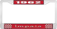 1962 IMPALA RED AND CHROME LICENSE PLATE FRAME WITH WHITE LETTERING