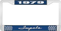 1979 IMPALA  BLUE AND CHROME LICENSE PLATE FRAME WITH WHITE LETTERING