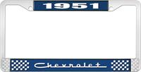 1951 CHEVROLET BLUE AND CHROME LICENSE PLATE FRAME WITH WHITE LETTERING