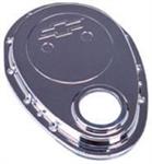 CHEVY BOW TIE DIE CAST TIMING CHAIN COVER. CHROME PLATED. CHEVY S/B, 1965-90.