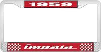 1959 IMPALA RED AND CHROME LICENSE PLATE FRAME WITH WHITE LETTERING