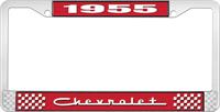 1955 CHEVROLET RED AND CHROME LICENSE PLATE FRAME WITH WHITE LETTERING