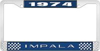 1974 IMPALA  BLUE AND CHROME LICENSE PLATE FRAME WITH WHITE LETTERING
