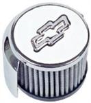 CHEVY BOW TIE PUSH-IN FILTER AIR BREATHER WITH HOOD, 3" DIAMETER."