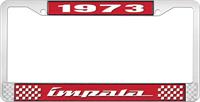 1973 IMPALA RED AND CHROME LICENSE PLATE FRAME WITH WHITE LETTERING