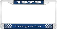 1979 IMPALA  BLUE AND CHROME LICENSE PLATE FRAME WITH WHITE LETTERING