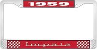 1959 IMPALA RED AND CHROME LICENSE PLATE FRAME WITH WHITE LETTERING
