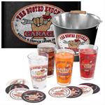 Pint Glass Gift Set, Bucket, 4 Pint Glasses, 8 Coasters, Towel, Busted Knuckle Logo