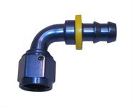 Fitting, Hose End, Socketless Barb, 90 degree, -8 AN Hose End To -6 AN Barb, Aluminum, Red/Blue Anodized, Each