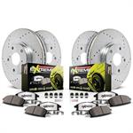 Pads and Rotors, Street Warrior, Cross-Drilled/Slotted Surface, Iron, Zinc Plated, 15.350 in./13.780 in. Diameter, Z26 Carbon Fiber Ceramic Pads, Kit