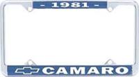 License Plate Frame, Steel, Chrome/Blue, 1981 Camaro Logo, Each