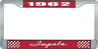 1962 IMPALA RED AND CHROME LICENSE PLATE FRAME WITH WHITE LETTERING