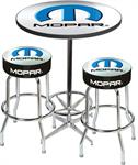 2001-13 Mopar Logo Pub Table & Stool Set - Chrome Based Table With Foot Rest & 2 Chrome Stools
