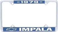 License Plate Frame, Steel, Chrome/Blue, 1979 Impala Logo, Each