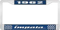 1962 IMPALA  BLUE AND CHROME LICENSE PLATE FRAME WITH WHITE LETTERING