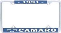 License Plate Frame, Steel, Chrome/Blue, 1991 Camaro Logo, Each