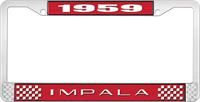 1959 IMPALA RED AND CHROME LICENSE PLATE FRAME WITH WHITE LETTERING