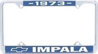 License Plate Frame, Steel, Chrome/Blue, 1973 Impala Logo, Each