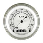 Speedometer, Classic White, 3 3/8" Dia, 0-200 kph, Analog, Electrical, Flat Face