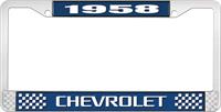 1958 CHEVROLET BLUE AND CHROME LICENSE PLATE FRAME WITH WHITE LETTERING