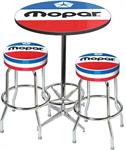 1972-84 Mopar Logo Pub Table & Stool Set - Chrome Based Table With Foot Rest & 2 Chrome Stools